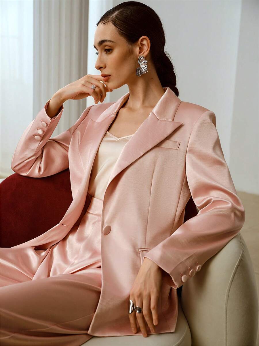 ZEYLAH Elegant Satin Blazer, Romantic For Spring/Summer, Suitable For Valentine's Day - Pink - View 1