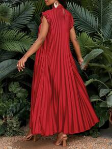 SHEIN Lady Große Größen Elegantes Partykleid in A-Linie für Hochzeit, Cocktailparty, Boho-Strand, mit Stehkragen, für Damen, geeignet für Frühling, Sommer, Herbst und Winter - Rot - Übersicht 2