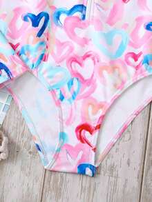 SHEIN Girls' Casual Minimalist Round Neck Long Sleeve One-Piece Swimsuit, Neon Heart Print, Suitable For Summer - Pink - View 4