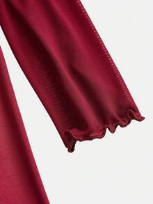 少女优雅修身酒红色网纱拼接不对称肩部喇叭袖褶皱连衣裙，适合女孩参加派对、圣诞节、新年或正式场合穿着。 - 酒紅色 - 查看 9