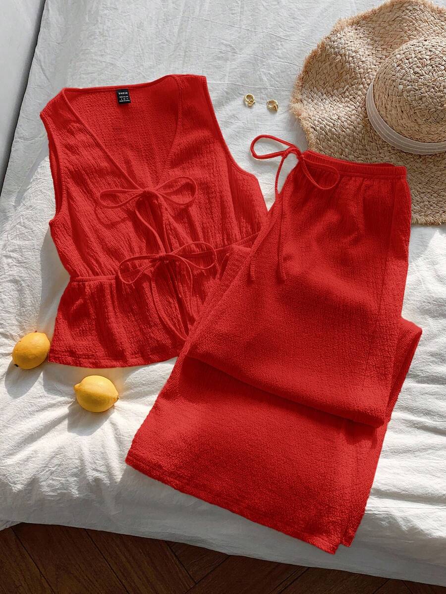 Comfortcana 红色针织女士休闲套装，春夏款 - 紅色 - 查看 1