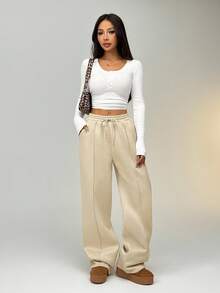 SHEIN EZwear Women Fall Khaki Pebble Seam Detail Straight Leg Sweatpants Graduation,Back To School Outfits,Graduation,Teacher Outfits For Women,Back To School - Khaki - View 6