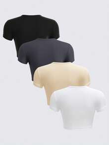 SHEIN BASICS 4件套休闲纯色针织圆领短袖修身露脐女式T恤 - 杏色 - 查看 2