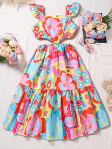 Vacation Floral Print Cap Sleeve And Waist Cutout Design Loose Fit Girls Midi Dress
