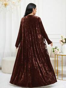 Al Najma 女士花卉亮片装饰长袖优雅长袍 - 咖啡棕 - 查看 2