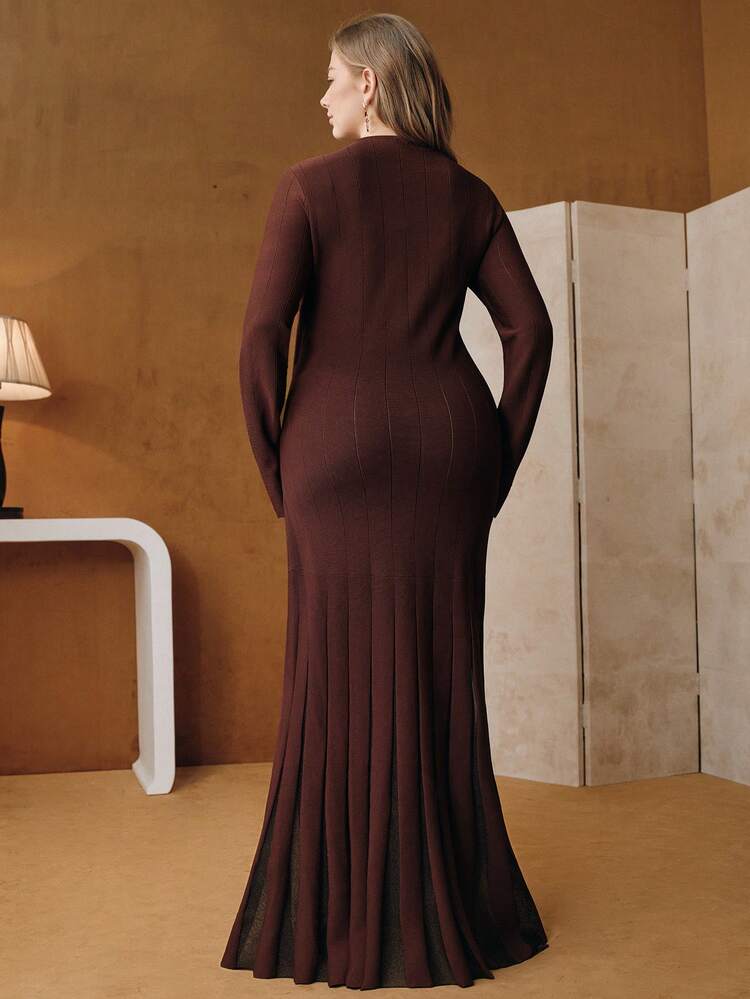 Plus Size Women's Autumn/Winter New Red-Brown Round Neck Fitted Bodycon Maxi Fish Tail Dress, Suitable For Christmas And New Year