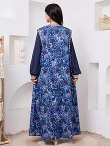 Teen Girl Loose Casual Minimalist Comfortable V-Neck Print Gold Collar Floral Dress & Cardigan Jacket Set KIDS - Blue - View 4