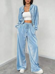 SHEIN EZwear Bộ 2 áo hoodie và quần dài màu xanh nhạt thường ngày dành cho nữ, trang phục Giáng sinh 2 món - Màu xanh nhạt - Xem 4