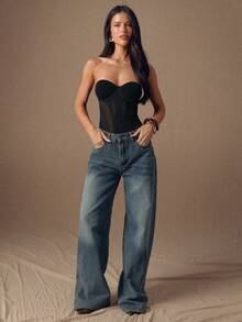 SHEIN BAE Black Sexy Sheer Mesh Patchwork Asymmetric Strapless Bodysuit, Suitable For Autumn/Winter,Valentine's Day