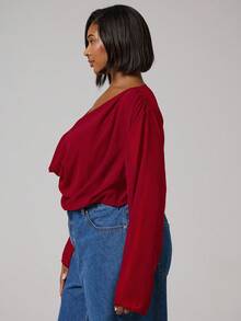 MUSERA Plus Size Cowl Neck Plunge Long Sleeve Chiffon Cropped Top Going Out Spring Summer Holiday - Red - View 3
