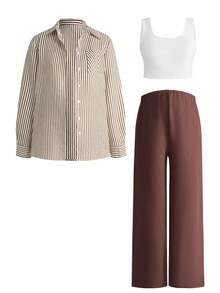 Modmama Maternity Casual Commuter Striped Shirt, Tank Top And Pants Set Picnic Outfit Women Summer Outfits For Women Two Piece Outfits For Woman Brown Outfit Women Woman Outfits Sets - Brown - View 16