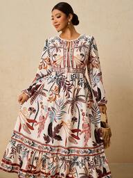 Travachic Plus Size Women's White Tropical Plant Print Dress, Round Neck Tie Waist Long Sleeve Loose Fit Long Dress Winter Outfit For Women Beach Outfits For Women Vacation Outfits Women Holiday Dresses For Women Resort Wear Women White Outfit For New Year's Eve Elegant Floral Dress