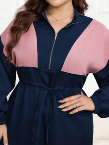 Modelyn Colorblock Drawstring Waist Zip Up Drop Shoulder Longline Dress Maxi Women Outfit - Navy Blue - View 6