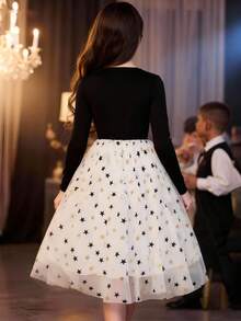 Sparklyn 黑色V领长袖网眼拼接优雅淑女派对公主休闲连衣裙 - 彩色 - 查看 3