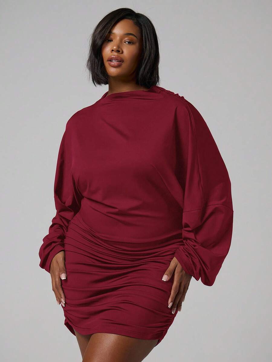 MUSERA Vestido mini ajustado con cuello de embudo, manga larga y fruncido, para salir, fiestas, vacaciones y verano, talla grande - Burdeos - Ver 1