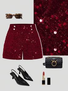 Ellevyn Women Burgundy Sequin Mini Shorts With Zipper Detail Woven Fabric Party Style - Burgundy - View 14