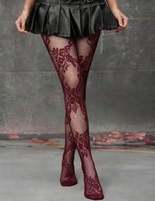 ROMWE Goth 1 Pair White Floral Fishnet Tights/Pantyhose - Positive burgundy - View 7