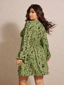 Elaquor 大码优雅印花V领灯笼袖连衣裙，休闲秋季款 - 綠色 - 查看 2
