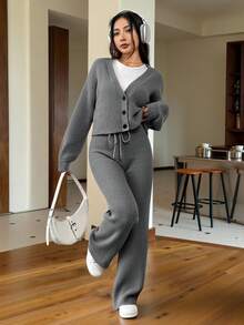 SHEIN EZwear 秋冬季女士休闲纯色长袖针织开衫两件套 - 深灰色 - 查看 5