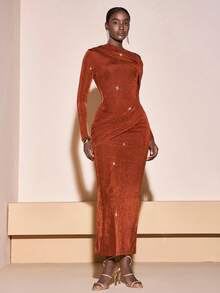 Zivah 2025 Autumn/Winter New Year, Valentine's Day, Party, Banquet, Date, Birthday Party, College Style, Student Wear, Daily Outing, Basic Versatile, Casual, Cruise Travel, Viral Hit, Elegant, Commute, Business Casual, Minimalist, Sexy Club, Asymmetrical Shoulder Long Sleeve, Waist & Hem Cinched, Hip Criss-Cross Ruched, Brown Shimmery Fabric, Formal Dress, Party Maxi Dress, Women's Dress - Brown - View 6