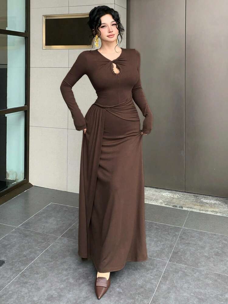 Elegant Brown Lace Patchwork Hollow Out Midi Dress, Fashionable Party Dress With Side Slit, Tie-Up Design For Spring & Autumn