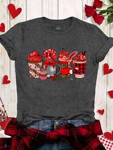 EMERY ROSE 女士情人节咖啡杯T恤，情人节女士T恤，拿铁情人节T恤，情人节礼物，情人节快乐T恤 - 灰色 - 查看 3