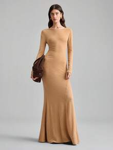 Ontre 女士纯色修身长袖连衣裙，都市时尚商务休闲优雅百搭连衣裙，适合日常穿着、派对、聚会、夏季约会 - 棕色 - 查看 5