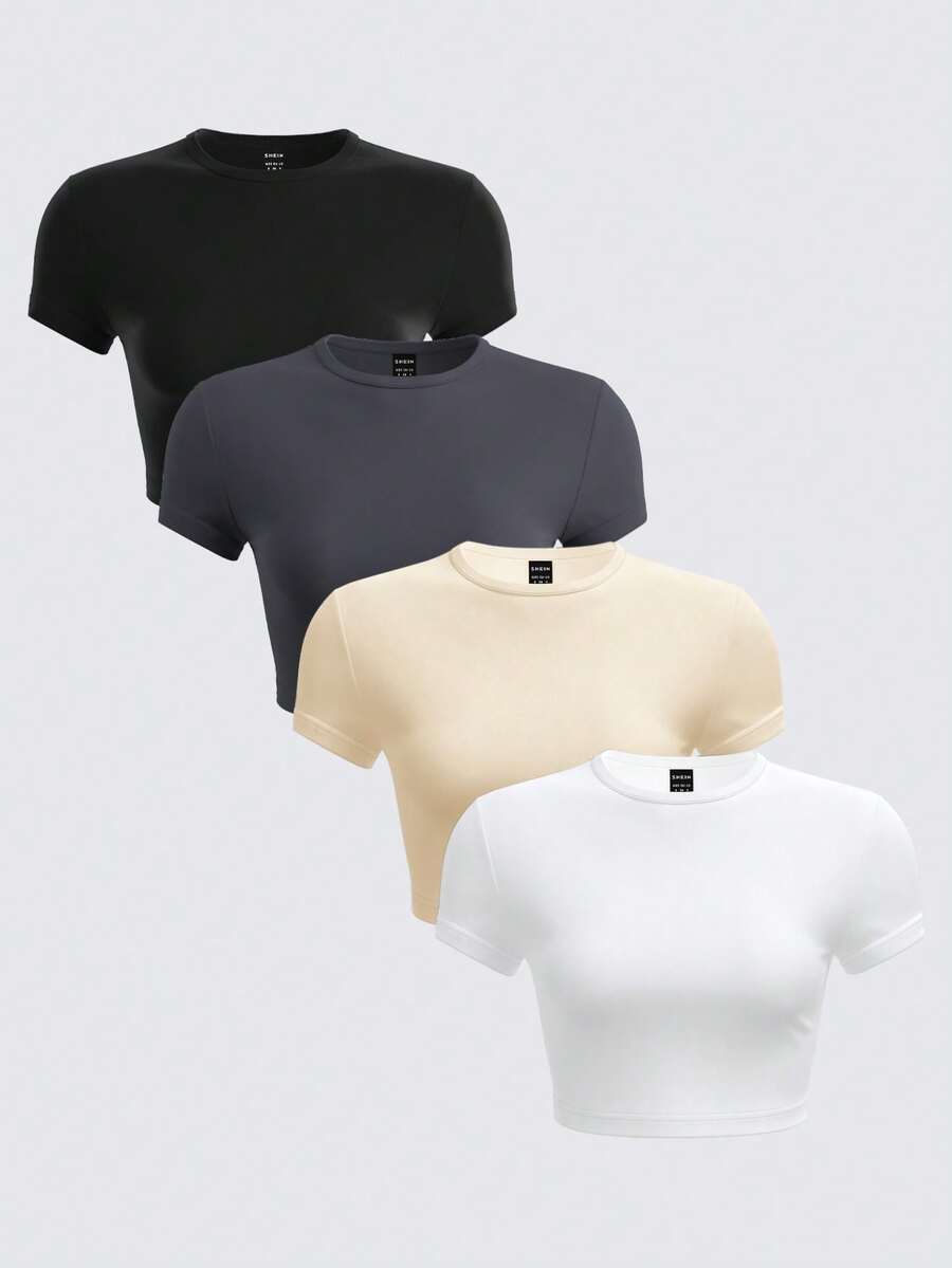 SHEIN BASICS 4件套休闲纯色针织圆领短袖修身露脐女式T恤 - 杏色 - 查看 1