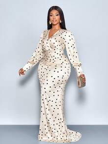 SOLERSUN 大码女装秋冬时尚优雅性感长袖V领连衣裙，收腰鱼尾设计，黑白波点缎面材质，长款连衣裙，优雅女士连衣裙，派对礼服，正式礼服，白色连衣裙，奢华晚礼服，圣诞节礼服 - 杏色 - 查看 1