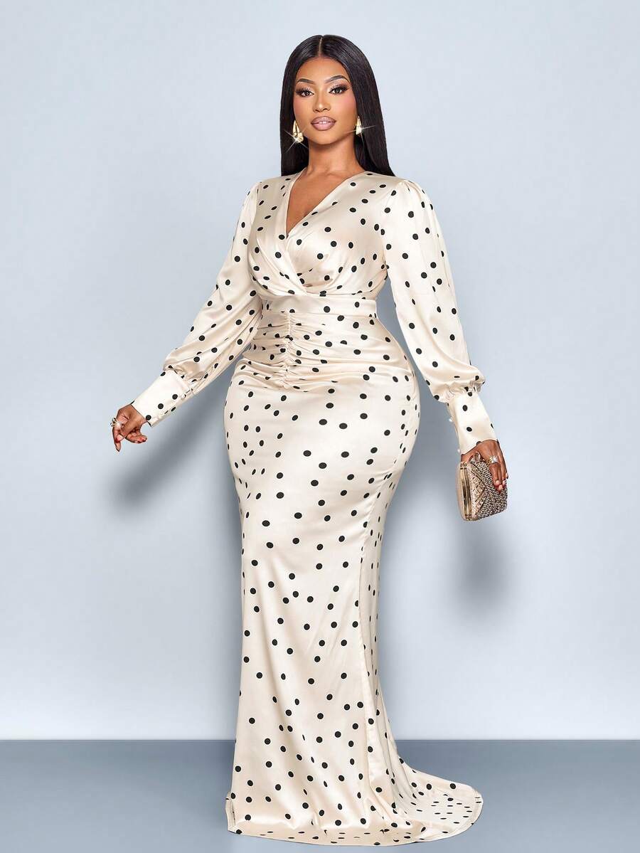 SOLERSUN 大码女装秋冬时尚优雅性感长袖V领连衣裙，收腰鱼尾设计，黑白波点缎面材质，长款连衣裙，优雅女士连衣裙，派对礼服，正式礼服，白色连衣裙，奢华晚礼服，圣诞节礼服 - 杏色 - 查看 1