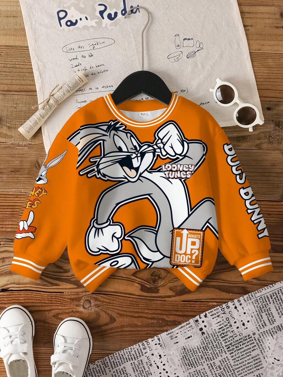 LOONEY TUNES X SHEIN Young Boy Casual Letter & Rabbit Print Patchwork Striped Trim Crew Neck Sweatshirt, Autumn - White - View 1