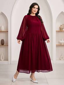 Veilorie Plus Size Solid Color Minimalist Long Sleeve Casual Dress - Burgundy - View 4