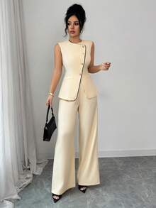 Modelyn Women's Elegant Commuter 2 Pieces Set, Apricot Sleeveless Top And Straight Leg Pants, Spring/Summer