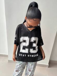 Áo nỉ rộng in chữ và số SLAYR KIDS thời trang đường phố thường ngày cho bé gái tuổi teen, Xuân/Hè - màu đen - Xem 6