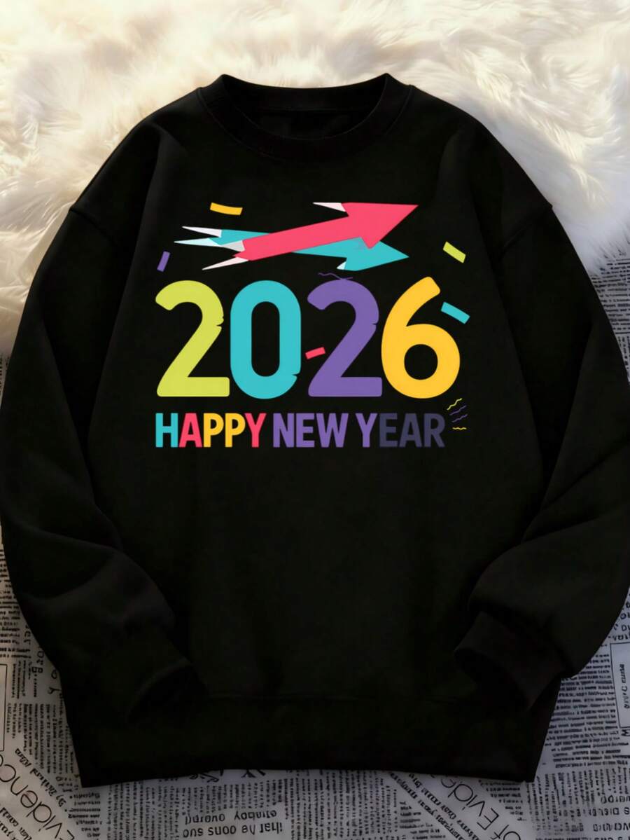 Hombre004 Sudadera de cuello redondo de moda Parte superior de ropa para casa, cómoda y abrigada cálida para otoño e invierno, con envío local desde México Camisa con diseños de 2026 y Feliz Año Nuevo, perfecta para celebrar el cambio de año y mostrar tu estilo contemporáneo - Negro - Ver 1