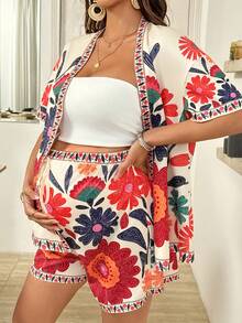 SHEIN Maternity Floral Print Kimono Shirt And Adjustable Waist Shorts Beach Vacation 2 Pieces Set Summer Cardigans For Women Summer Kimono Maternity Two Piece Suits Maternity Sets Summer Maternity Cover Up Maternity Two Piece Set Maternity Summer Outfit Kimono Cover Up Floral Print Maternity Summer Shorts Set - Multicolor - View 6