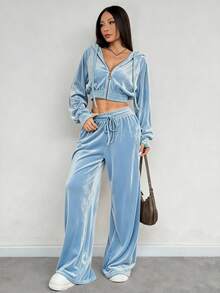 SHEIN EZwear Bộ 2 áo hoodie và quần dài màu xanh nhạt thường ngày dành cho nữ, trang phục Giáng sinh 2 món - Màu xanh nhạt - Xem 6