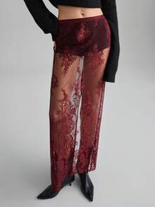 Ontre 2026春夏新款酒红色蕾丝薄纱半身裙，百搭实用，适合都市通勤、商务、休闲、办公、教师、优雅场合、派对、婚礼宾客等各种场合。 - 酒紅色 - 查看 6