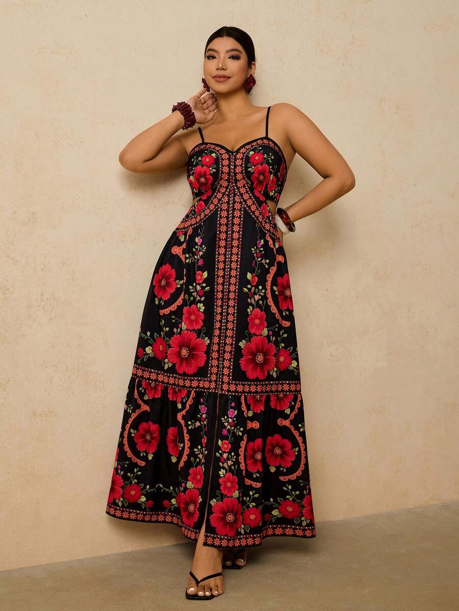 Travachic 大码女式黄色热带植物印花连衣裙，吊带露腰连衣裙，长款连衣裙，秋季连衣裙 - 黑色 - 查看 1