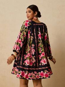 Travachic 大码女式黑米色复古印花连衣裙，七分袖复古印花连衣裙，秋季连衣裙，大码碎花连衣裙，波西米亚风连衣裙，大码束腰连衣裙，刺绣连衣裙，大码休闲连衣裙，碎花连衣裙，黑色连衣裙，情人节女装 - 黑色 - 查看 2