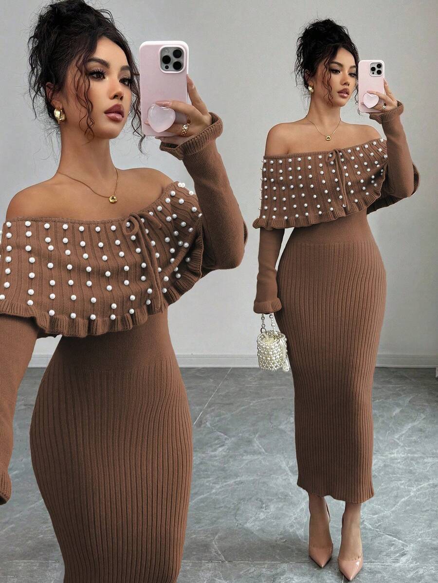 Rafferiza 女士纯色蝴蝶结长袖弹力修身露肩针织连衣裙，法式优雅仿珍珠装饰露肩大翻领针织连衣裙，秋冬针织长裙，返校季针织连衣裙，音乐节，圣诞节，仙女装，秋季婚礼宾客礼服 - 巧克力棕 - 查看 1
