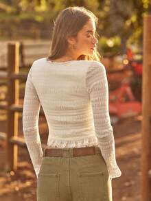 WESTFADE Áo lưới xếp nếp tay dài cổ tròn cài nút ren phía trước mùa đông, phong cách Boho, trang phục miền Tây, ngày lễ, giáng sinh, đêm giao thừa, năm mới, cô gái cao bồi Nashville, thường ngày, dễ thương - Màu be - Xem 4