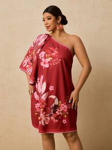 Travachic 大码女式红色碎花连衣裙，休闲不对称肩部碎花短裙，浪漫春季约会旅行连衣裙 - 紅色 - 查看 4