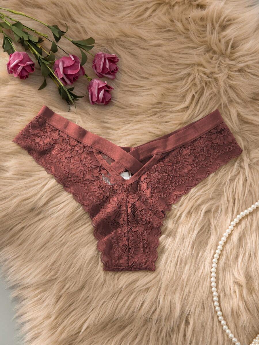 Women's Sexy Wine Red Lace Triangle Panties With Criss-Cross Back Hollow Design - Dusty Pink - View 1