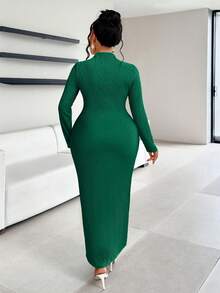 SOLERSUN 大码女装时尚直领纯色纹理金属饰边长袖连衣裙，适合圣帕特里克节、春季、秋季、冬季穿着，日常百搭，也适合音乐节、派对、秋季、舞会、优雅场合，绿色，圣诞节 - 墨綠色 - 查看 2