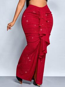 SOLERSUN 大码女式纯色褶皱拼接荷叶边美人鱼优雅中长裙，优雅、舒适、休闲时尚的通勤裙，2026新款，适合日常穿着、音乐节、派对、约会、中国红、情人节、春夏、圣帕特里克节、复活节、四叶草、街头风、海滩度假、野餐、教师节、母亲节、西式、波西米亚风，端庄、仙气十足。 - 紅色 - 查看 5