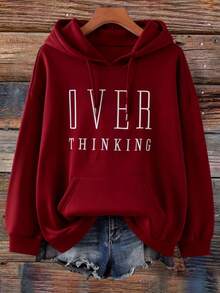 EMERY ROSE Plus Size Women Letter Embroide, Casual Loose Fit Retro American Style Sweatshirt For Women Women Sweatshirts Women's Sweatshirts - Burgundy - View 1