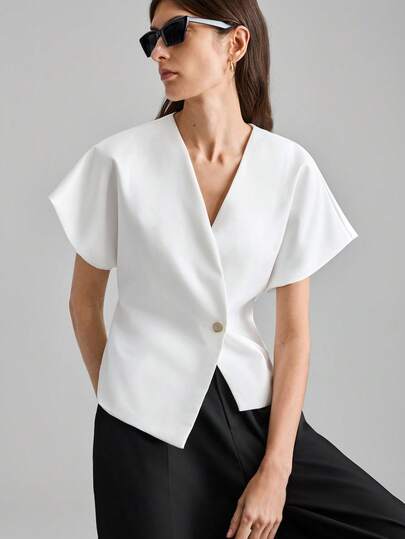 Ontre 2026 Spring/Summer V-Neck Cinched Waist Loose Fit Business Casual Beach Birthday Party Leisure Urban Minimalist Fashion Commute Single Button Bat Sleeve Fashionable Shirt