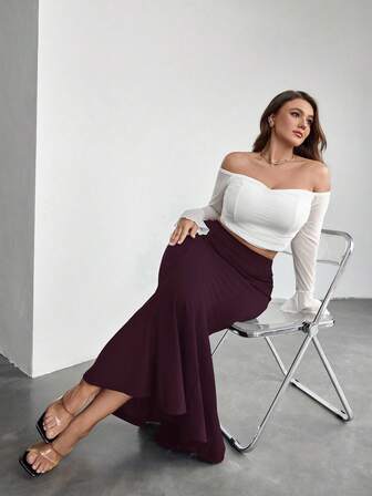SHEIN Privé Plus Size Women Solid Color High Waist Elegant Mermaid Skirt
