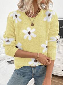 EMERY ROSE Women's Casual Fluffy Flower Pattern Round Neck Drop Shoulder Long Sleeve Knit Pullover Sweater, Autumn/Winter - Pale Yellow - View 7